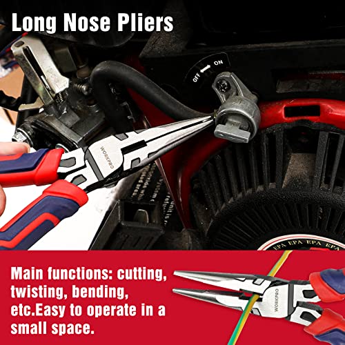 WORKPRO 4-Piece Pliers Set, Premium CR-V Construction Tool Set | Including Long Nose, Diagonal Cutting, Groove Joint and Slip Joint Pliers - Red - color: Red
