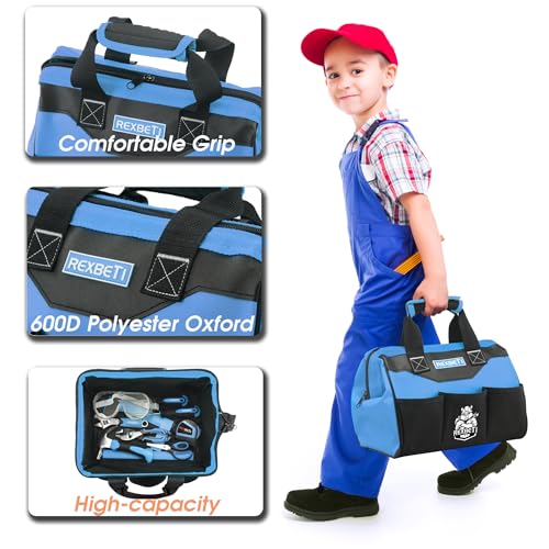 REXBETI 10-Piece Kids Tool Set with Real Hand Tools, Blue Durable Storage Bag, Children Learning Tool Kit for Home DIY and Woodworking,6+ Years Old Birthday Gift - color: Zima Blue