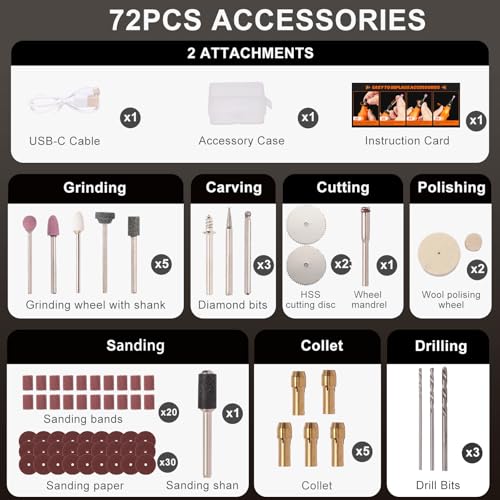 Cordless Rotary Tool, 3.7V Li-Ion 3 Speed Electric DIY Mini Polisher Kit with LED Screen, 72 Pieces Accessories USB Cordless Multi-Tool, Great for Light Small DIY Work