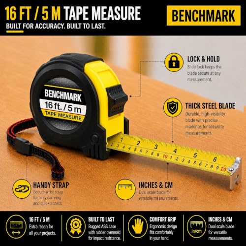Benchmark - 4 Pack of 16ft Tape Measures - Retractable, Auto Lock, Metric and Imperial (feet and Centimeters), Tough Outer Shell Protection