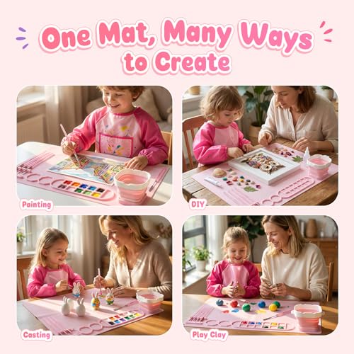 Zimuvora Silicone Painting Mat Set, Paint Mats for Kids with Foldable Silicone Cup, 4 Detail Paint Brushes, 2 Sponge Pads, Apron & Mixing Tool, Washable Art Table Mat (Pink) - color: Pink