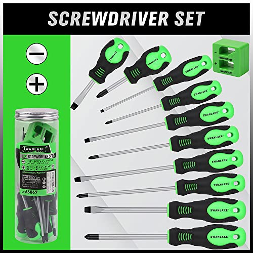 SWANLAKE 11PCS Screwdriver Set, Magnetic 5 Phillips and 5 Flat Head Tips for Fastening and Loosening Seized (11PCS) - style: 11-Piece Screwdriver Set