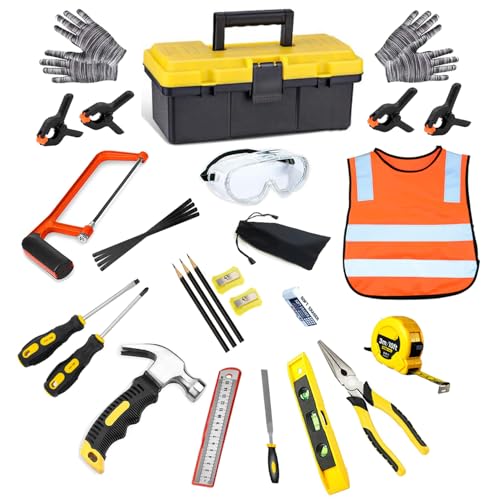 Kids Real Tools Set,Woodworking Tool Set,30 PCS Builder Children Real Hand Tools Kit Construction Learning,Home DIY Play for Boys & Girls Beginner Learning Gift,Come with Tool Box - size: 30 PCS