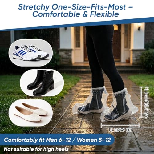 Heavy-Duty Waterproof Shoe Covers, 12 Pcs Disposable Rain Covers with Wide Elastic Band for Men & Women, One-Size Shoe Covers for Indoor and Outdoor Use