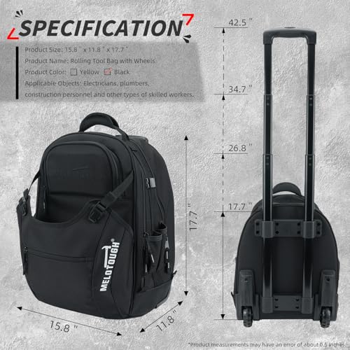MELOTOUGH Rolling Tool Bag with Wheels,Large Heavy Duty Rolling Tool Bag for Men with 35 Pockets&Telescoping Handle for Electrician,HVAC,Construction,Technicians,Mechanic,Welder (Black) - color: Black Rolling Tool Bag