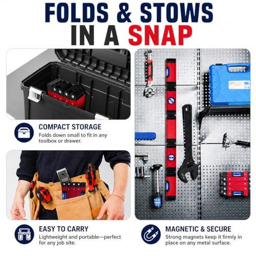 28-In Folding Level Tool, Magnetic Alloy Multi-Function Portable Level Measuring Tool with 4 Easy to Read Level Bubbles, Precise Leveling In Any Position for Woodworking & Construction & DIY'er - color: Red Folding Level Tool
