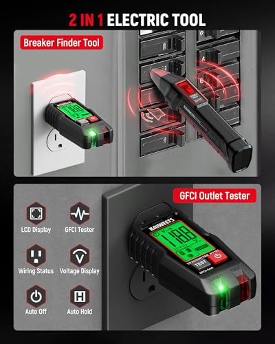 KAIWEETS Circuit Breaker Finder with LCD Display, GFCI Outlet Tester, Electrical Circuit Tracer Tool with NCV Test & Flashlight, Includes Carrying Case and Adapters- KT301P