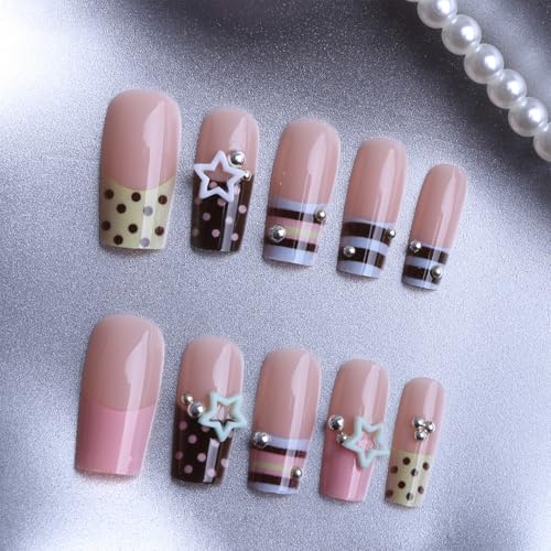 Medium Square Press On Nails Pink Brown with Y2K 3D Star Polka Dots - color: Style16
