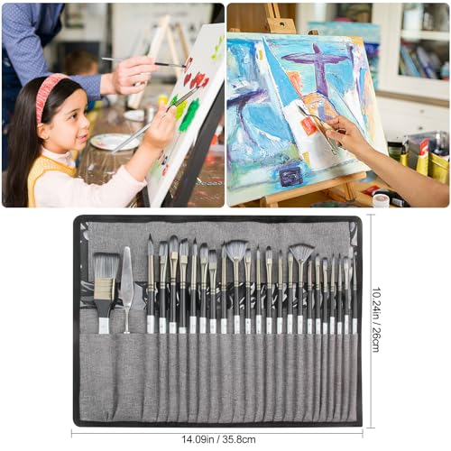 Paint Brushes Set, 24 Pcs Synthetic Acrylic Paint Brushes with Cloth Pouch and Palette Knife, Professional Artist Brushes for Acrylic Painting, Oil, Watercolor, Gouache, Face Painting (Grey)