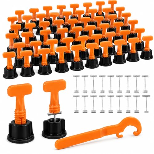 50 Sets Reusable Tile Leveling System Kit with Wrench, 1/16 Inch Tile Spacers and Leveling Clips, Anti Lippage Tile Leveler Tool for Floor Wall Installation, Ceramic Porcelain Tiles