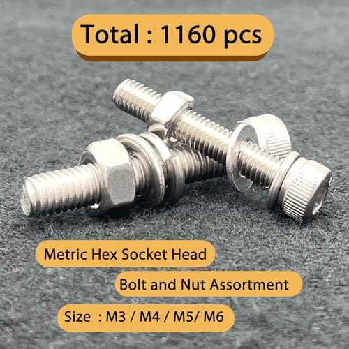 1160Pcs M3/M4/M5/M6 Hex Socket Bolt Kit,304 SS Metric Screws Assortment - size: M3/M4/M5/M6