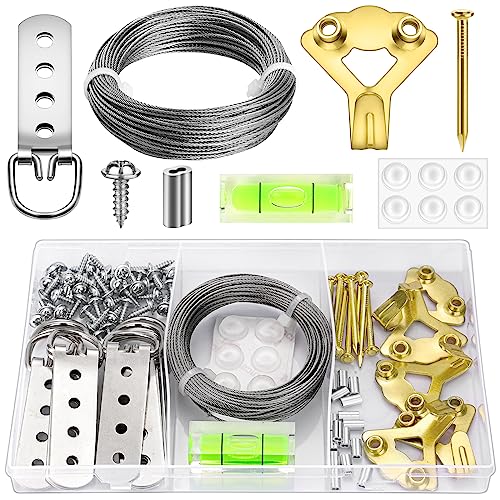 MAPVOLUT 88Pcs Heavy Duty Picture Hanging Wire Kit, Include 50Ft Stainless Steel Wire Picture Hanging for Photo Mirror Frame, up to 110lbs, D Ring, Picture Hangers, Screws, Hanging Hooks, Nails, Level - style: Picture Hanging Wire Kit