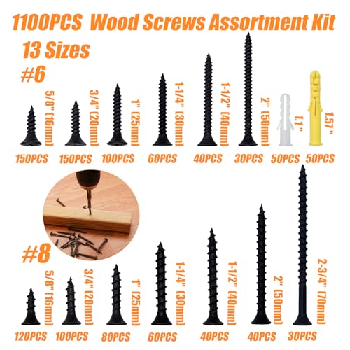 1100PCS Wood Screws Assortment Kit, Drywall Screws, Assorted Wood Screws, Black Wood Screws, Contain 100PCS Anchors and 13 Sizes (2-3/4'', 2'', 1-1/2'', 1-1/4'', 1'', 3/4'', 5/8'') - size: 1000 PCS Screws and 100 PCS Anchors