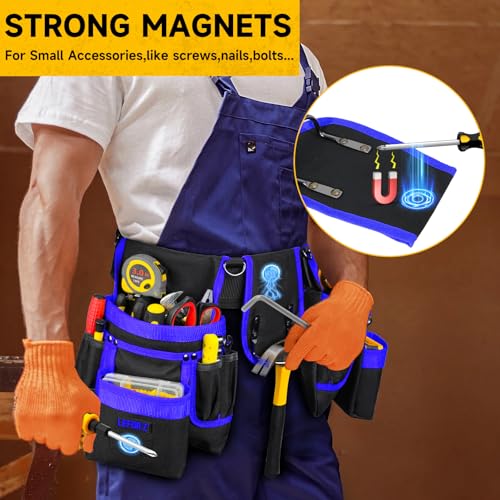 Tool Belt with 4 D-Rings,27-Pockets Tool Belts for Men,Construction - color: Blue & Black, size: 27 Pockets with Magnet Pouch