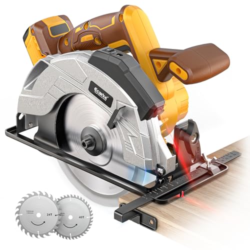 Ecarke 7-1/4" Cordless Circular Saw, Compatible with DeWalt 20V Battery, 5000 RPM Electric Circular Saw with Laser Guide, 2 Blades (24T & 40T), 0–45° Bevel, 2-1/4" Cutting Depth (Tool Only) - color: Yellow