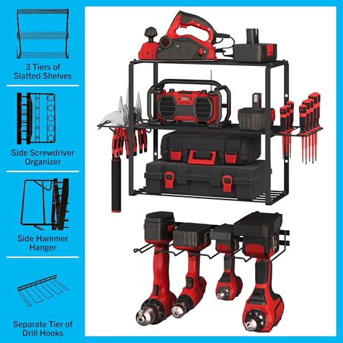 Power Tool Organizer - 4-Tier Garage Shelving Unit with 140lb Max Capacity - Wall Mount Garage Storage System for Tools by Stalwart - size: 4 Tier