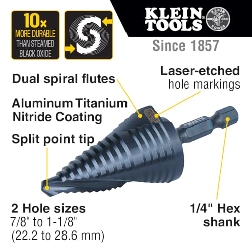 Klein Tools QRST11 Step Drill Bit, Quick Release Spiral Double-Fluted, 7/8 to 1-1/8-Inch, Hex Shank, Cut Steel, Wood, Plastic, Aluminum - size: 7/8 to 1-1/8-Inch, style: Quick Release