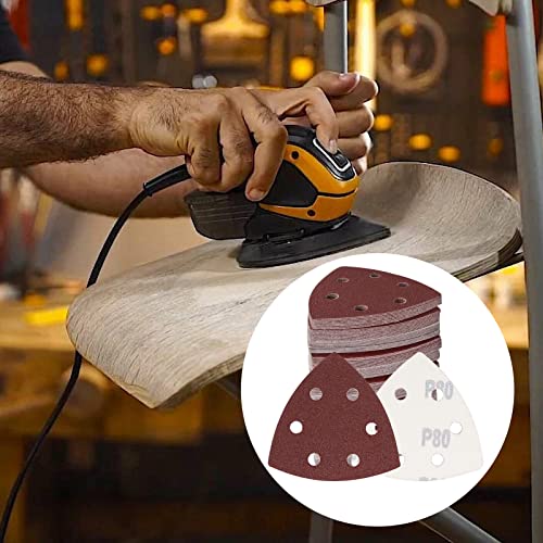 120 Pcs Triangle Sanding Pads, 80 Grits Detail Sander Sandpaper Hook and Loop Sanding Sheet,3.54"(90mm) Triangular Sandpaper for 3.5" Oscillating Multi Tool - size: 80 Grit, style: Hole