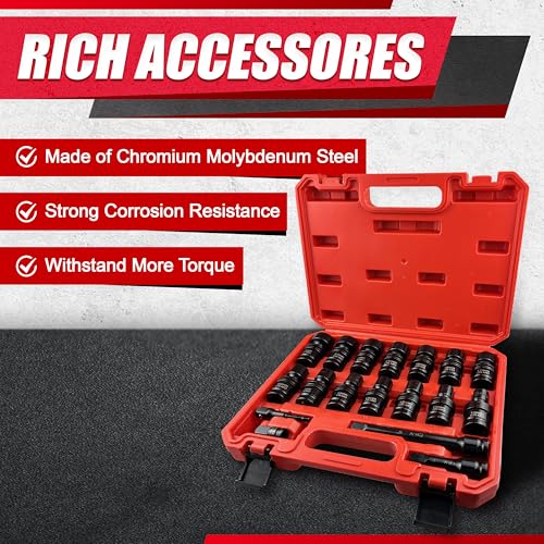 18PCS 1/2" Drive Shallow Universal Impact Socket Set,Swivel Socket Set,Metric Flexible Wobble Sockets, CR-MO,10-24mm, 3", 6" Extension Bar, Adapter,6 Point - size: 18 PCS (3/8"-1")