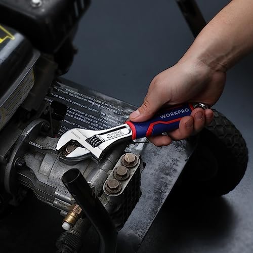WORKPRO 8-Inch Adjustable Wrench, Wide Jaw, Metric/SAE Scales | Rubber Anti-Slip Grip, Premium Cr-V Steel, Chrome-Plated Finish for Strength and Corrosion Resistance - size: 8 inch