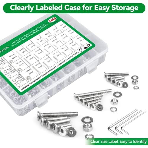 1440Pcs Screw Assortment Kit, M2 M3 M4 Stainless Steel Hex Flat Cap Bolts - size: SS M2 M3 M4 1440pcs 1