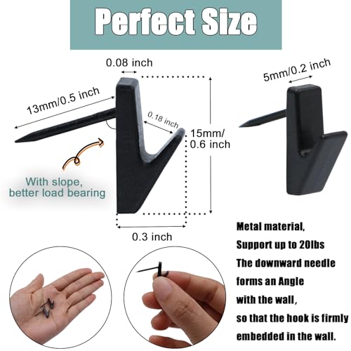 50 PCS Picture Hanging Nails Hooks, Push Pins Thumbtacks for Wall, Wall Hooks Picture Hangers, Renter Freindly Decor Small Nails for Hanging Pictures Tapestry Frame Art - style: V Shape Hooks Black