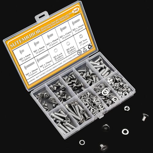 245 Pieces M5 Screws Nuts Washers Set, Sutemribor M5 x 6/8/10/12/16/20/25mm Countersunk Head Socket Cap Screws Nuts Washers Assortment Kit, 304 Stainless Steel, Fully Threaded - size: M5, style: Countersunk Head Socket Cap