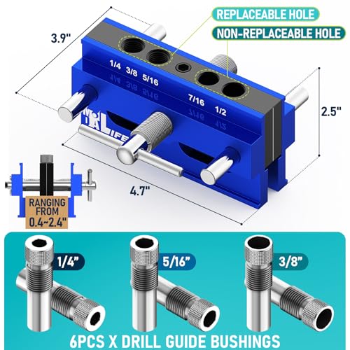 Self Centering Doweling Jig Kit, Drill Jig For Straight Holes Biscuit Joiner Set With 6 Drill Guide Bushings, Adjustable Width Drilling Guide Tool Accessory Jigs (Blue) - size: Small