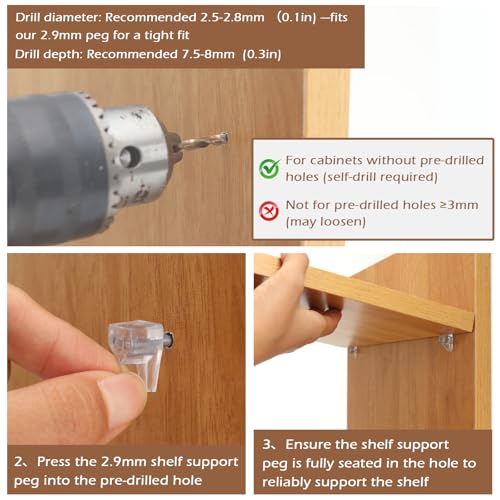 50 Pcs Shelf Support Pegs, Clear Plastic Cabinet Shelf Pegs, 2.9mm Small Shelf Pins for Cabinets Without Preset Shelf Holes Require Self-Drilling