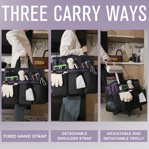 SCAVATA Rolling Cleaning Caddy Bag with Detachable Trolley, Large Cleaning Supplies Organizer with Wheels, Multi Pocket Cleaning Cart with Adjustable Shoulder Strap for Housekeeper & Home, GrapePurple - color: GrapePurple