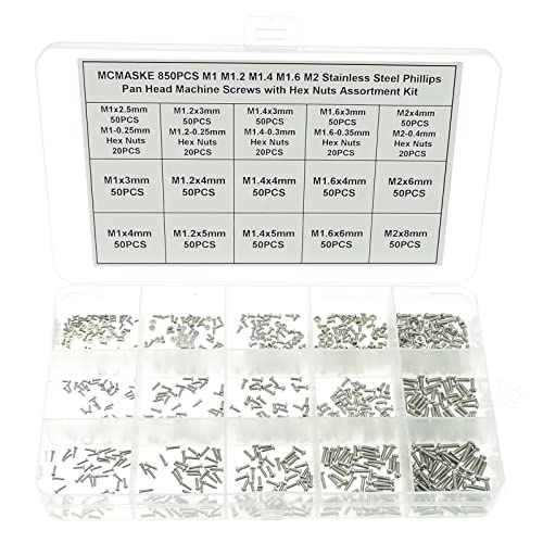 850PCS M1 M1.2 M1.4 M1.6 M2 Metric Stainless Steel Phillips Pan Head Machine Screws Nuts Assortment Kit - size: M1, M1.2, M1.4, M1.6, M2