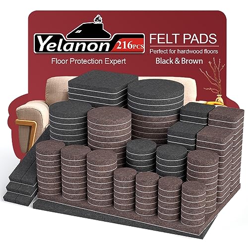 Yelanon Felt Furniture Pads 216 Pcs for Hardwood Floors Black/Brown - size: 216 pcs Black & Brown