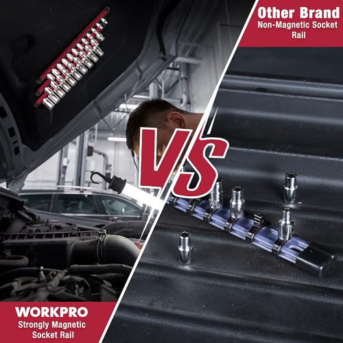 WORKPRO Magnetic Socket Organizer, Heavy Duty 1/2-Inch Drive Socket Rail - color: Red, size: 1/2" DR