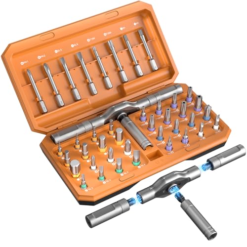 42-in-1 Magnetic Ratchet Screwdriver Set with Detachable T-Handle & Case, Multi-Bit Precision Driver Kit for Electronics, PC, Bicycle, Furniture Repair, Eyeglass, and DIY Gifts （Orange） - color: Orange