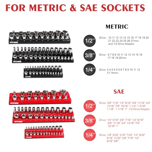 GUTIMORE Magnetic Socket Organizer Set, 6PCS Socket Holder,1/4", 3/8", 1/2" Metric & SAE Magnetic Socket Tools Trays,Holds 143pcs Sockets For Tool Box Drawer (Socket not Included)
