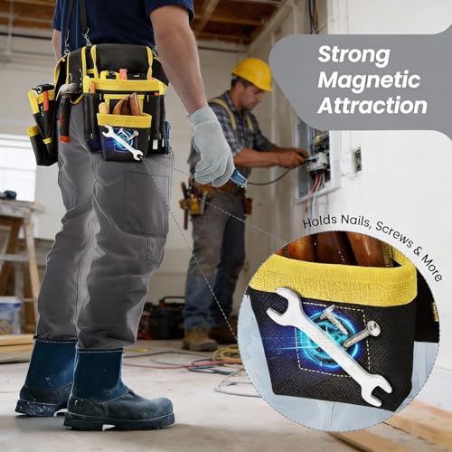 Magnetic Tool Belt, Heavy Duty Tool Pouch for men Magnet Holster Nail Utility Toolbelt Adjustable Waist Holder for Handyman Contractor (Yellow) - color: Yellow