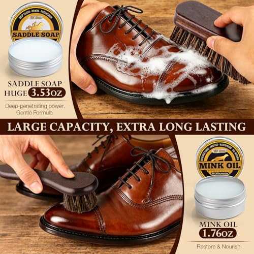 Shoe Shine Kit, Complete Leather Care Set with Black & Brown Shoe Polish, Saddle Soap & Mink Oil, Horsehair Brushes, Shoe Shine Box, Boot Leather Cleaning & Conditioning Kit for Men, Gift for Dad