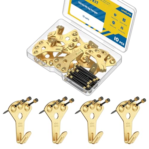 Uniclife 10 Pcs 100 lb Heavy Duty Picture Hangers for Drywall & Wood, Picture Hanging Hooks with Nails, Picture Hanging Hardware, Frame Hooks Picture Hooks for Hanging Photos Mirrors Paintings - size: 10 Pieces, style: Gold