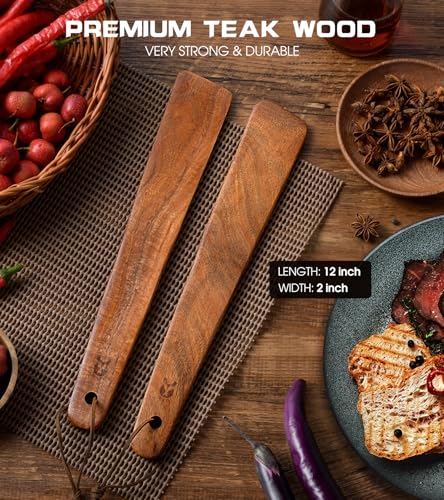 12" Teak Wooden Spatula for Cooking, 2Pcs Wood Turner Scraper for Cast Iron - size: 2PCS Wooden Spatula
