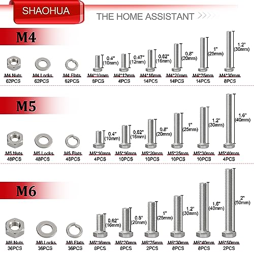 M4 M5 M6 Metric Bolt Assortment Kit 10mm to 50mm, A2-70 Hex Bolt, 304 Stainless Steel Heavy Duty Flat Hex Head Screws Bolts and Nuts Kit, Nuts Flat and Lock Washers(Silver), 584PCS - color: Silver - 584PCS M4 M5 M6
