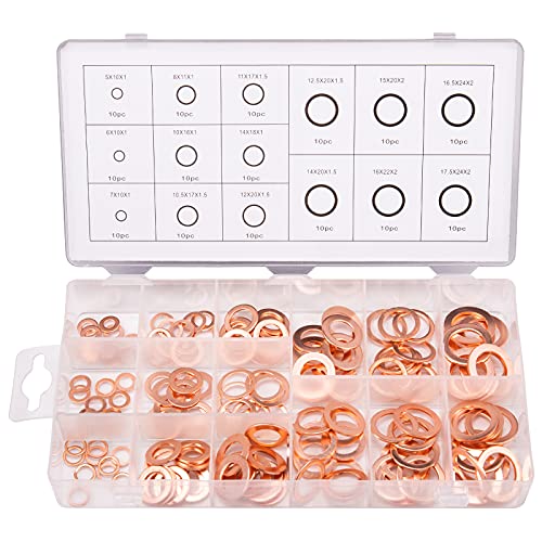 Toolwiz 150PCS 15 Sizes Copper Washers Metric Sealing Assortment M17.5-M5 | Flat Ring Sump Plug Crush Washer Oil Drain Plug Gasket Seal Assortment Set M5/6/7/8/10/10.5/11/12/12.5/14/15/16/16.5/17.5