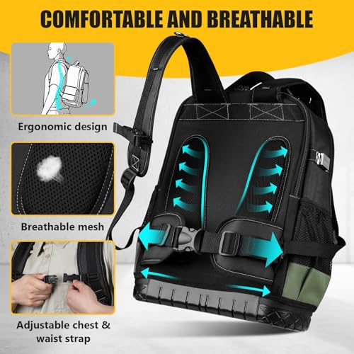 Tool Backpack, UUP Heavy Duty Tool Bag, Large Empty Toolbag Organizer with Waterproof Molded Hard Bottom, Utility Tool Laptop Storage Back Pack, HVAC Technician Electrician Construction Men Dad Gift