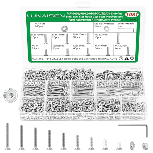 1081 Pcs M3 Flat Head Screws Nuts Washers Wrench Kit, 304 SS - size: SS M3 1081pcs 1