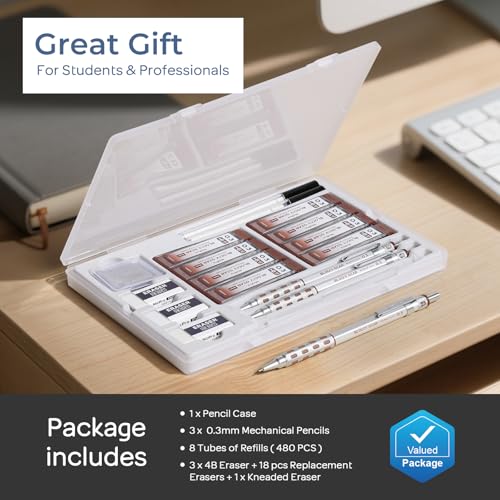 Nicpro 3 Pack Blocky Gear 0.3 mm Metal Mechanical Pencils Set with Case - style: 0.3mm