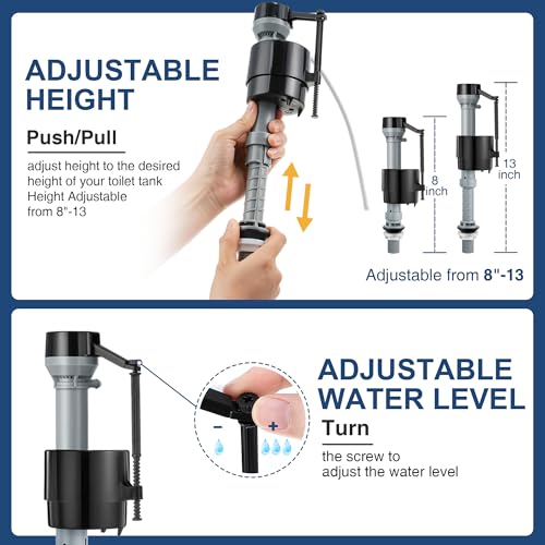 Universal Toilet Fill Valve Replacement Kit, Toilet Repair Kit Inside Tank and 12 Inch Flexible Connector, Flusher Replacement Kit Adjustable & Water saving, Quiet & Easy Install Tank Water Control