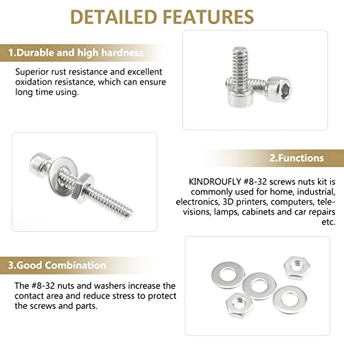 202 Pieces #8-32 x 1/4", 5/16", 3/8", 1/2", 5/8", 3/4", 1", 1-1/4", Hex Socket Head Cap Screws Nuts Washers Assortment Kit, 304 Stainless Steel, Fully Machine Thread - size: #8-32, style: Socket Head