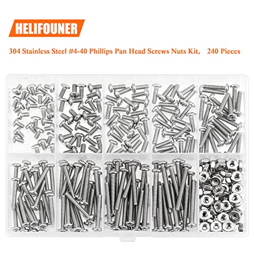 HELIFOUNER 240 Pieces #4-40 Phillips Pan Head Machine Screws Nuts Assortment Kit, Coarse Thread, Fully Machine Threaded, 304 Stainless Steel - size: #4-40, style: Phillips Pan Head