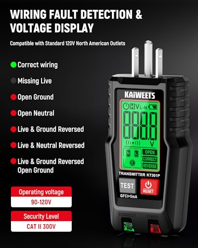 KAIWEETS Circuit Breaker Finder with LCD Display, GFCI Outlet Tester, Electrical Circuit Tracer Tool with NCV Test & Flashlight, Includes Carrying Case and Adapters- KT301P