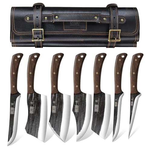 HOSHANHO Butcher Knife Set, Sharp Kitchen Knife Set & Roll Bag Gift for Men | Hand Forged 8PCS Butcher Chef Knife Set with Meat Cleaver Knife & Bone Chopper Knives & Fillet Knives for Home, Camping, BBQ - size: 6.5"