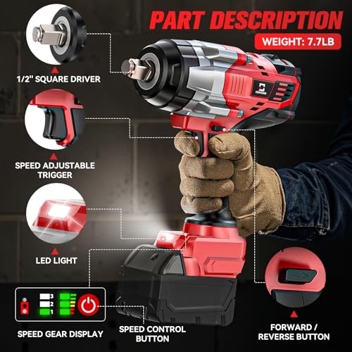 Cordless Impact Wrench 1/2 inch Compatible with Milwaukee 18V Battery: 1700FT-LBS High Torque Impact Wrench Heavy Duty Tool - Brushless Electric Impact Gun Includes LED Work Light - Bare Tool Only - size: 1/2inch, style: Compatible with Milwaukee(No batte